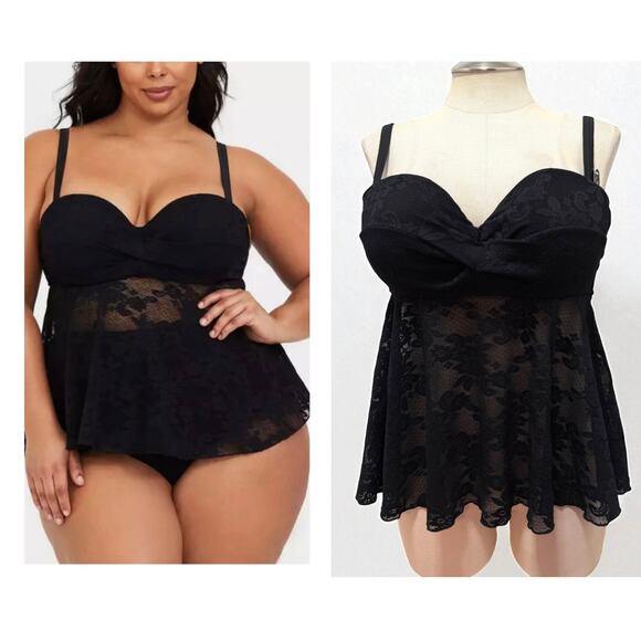 TOP ONLY Torrid 2 (2X) Sexy Sheer Black Lace Underwire Padded Swim Tankini Top - Picture 1 of 5